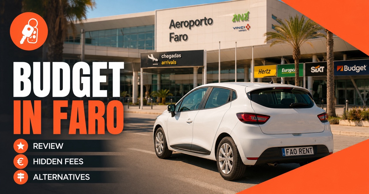 Budget at Faro Airport (FAO) arrivals exterior with palm trees, corporate rental signage and a white rental car