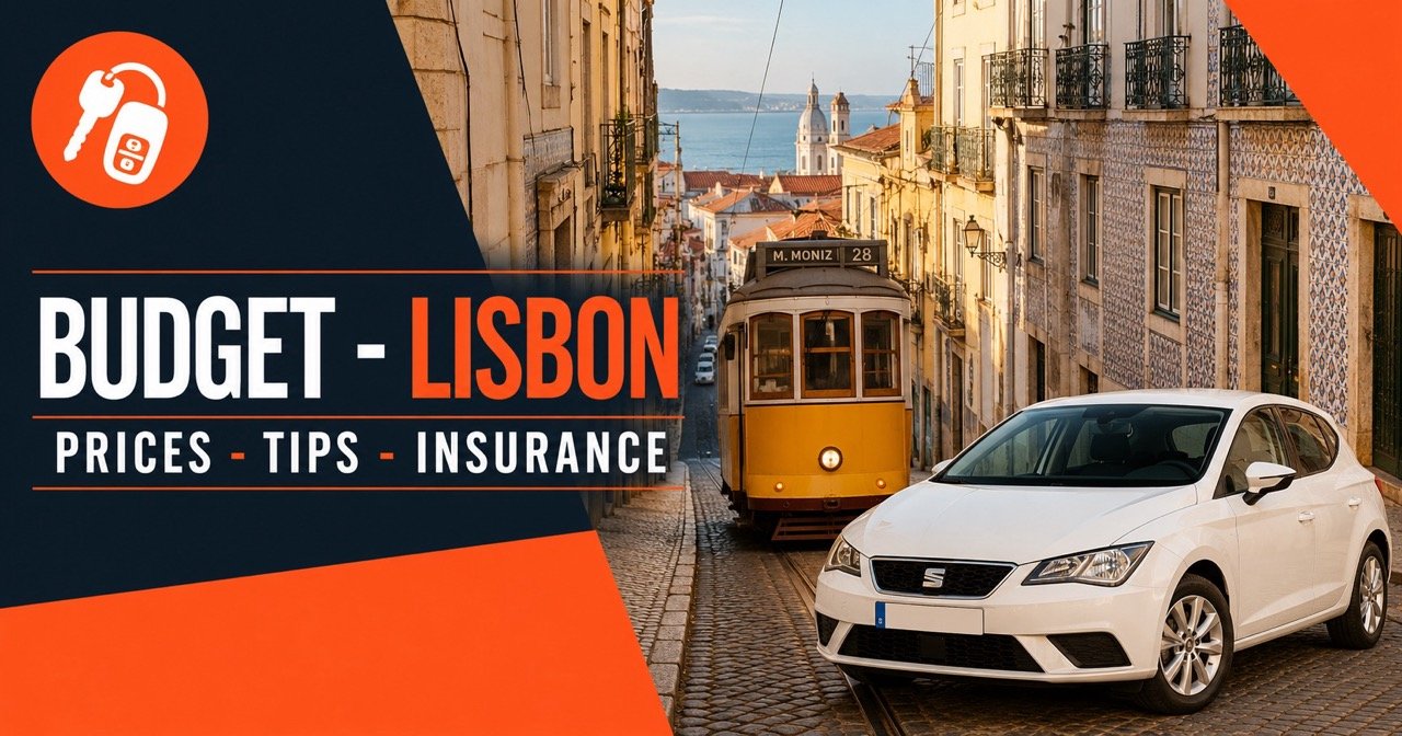Budget car rental in Lisbon — Lisbon tram in Alfama with a white rental car and orange car-key icon