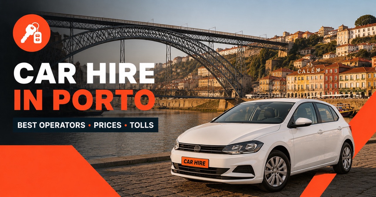 Car hire in Porto: Dom Luis I iron bridge crossing the Douro river with Ribeira facades and a white rental car