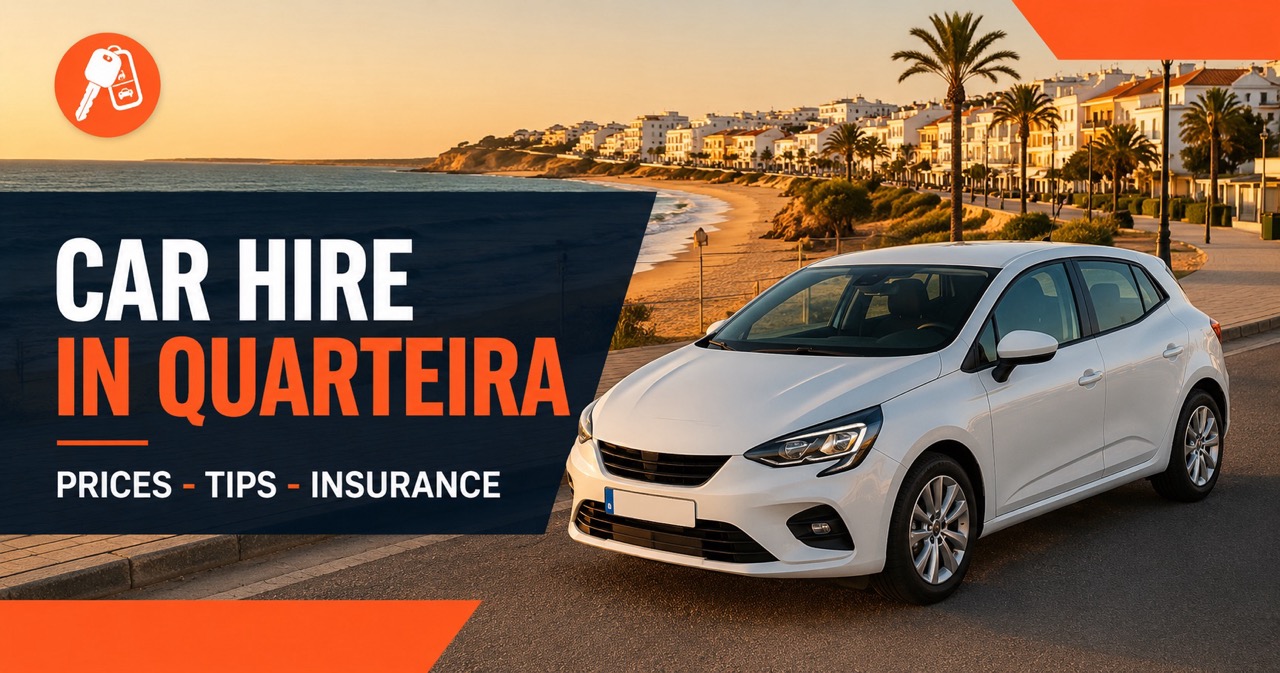 Car hire in Quarteira — Algarve coastal town with white rental car parked near beach