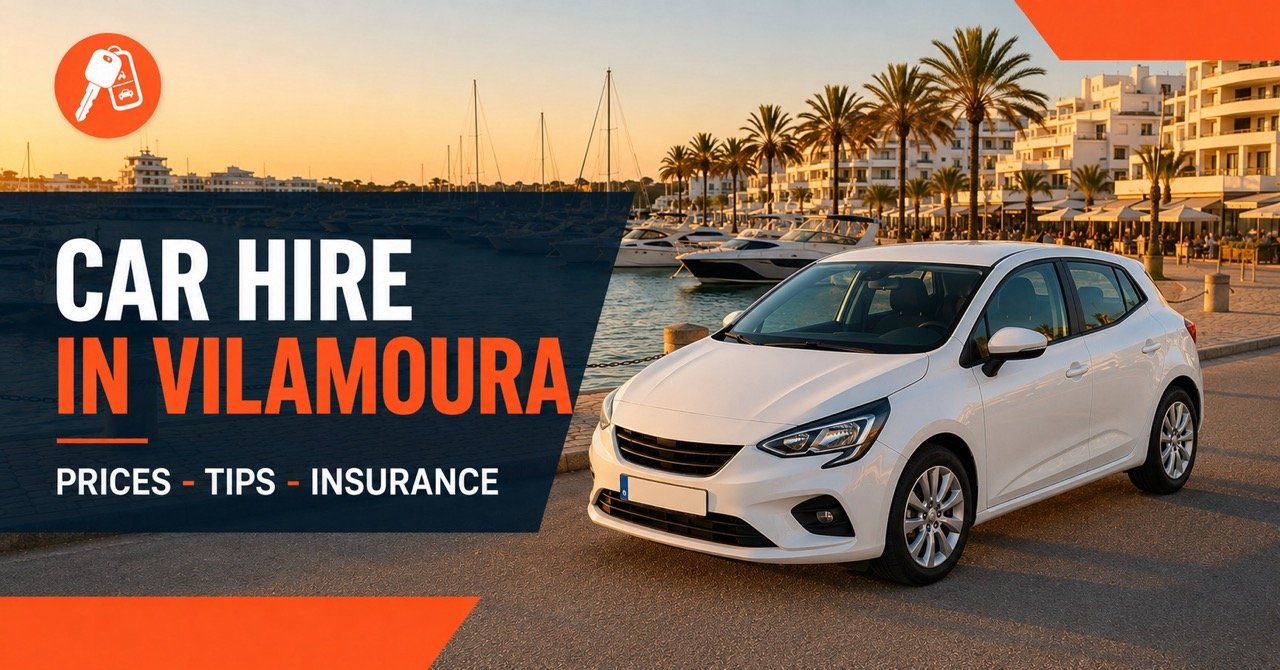 Car hire in Vilamoura — marina with yachts, palm trees and white rental car