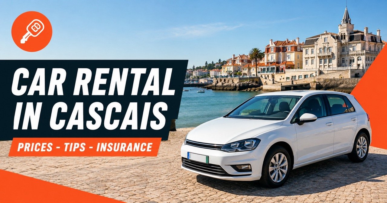 Car rental in Cascais — Cascais bay and old town with a white rental car and orange car-key icon