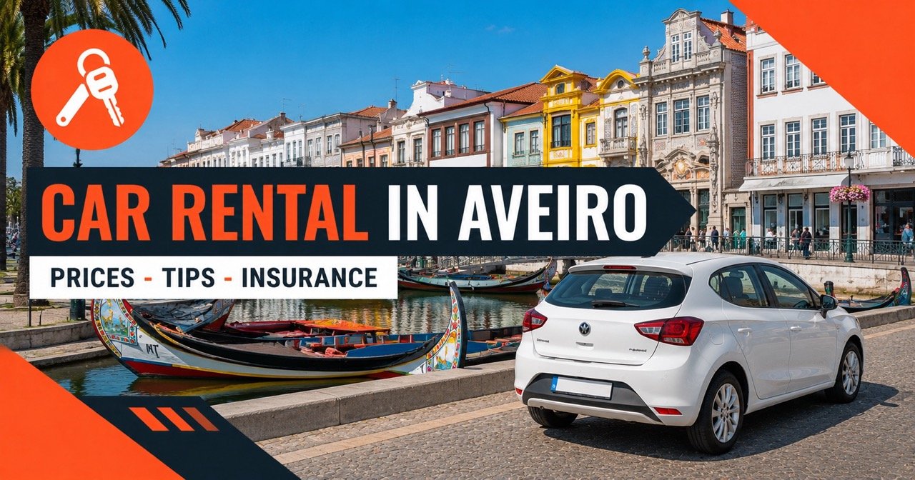 Car rental in Aveiro — Aveiro canal and moliceiro boats with a white rental car and orange car-key icon