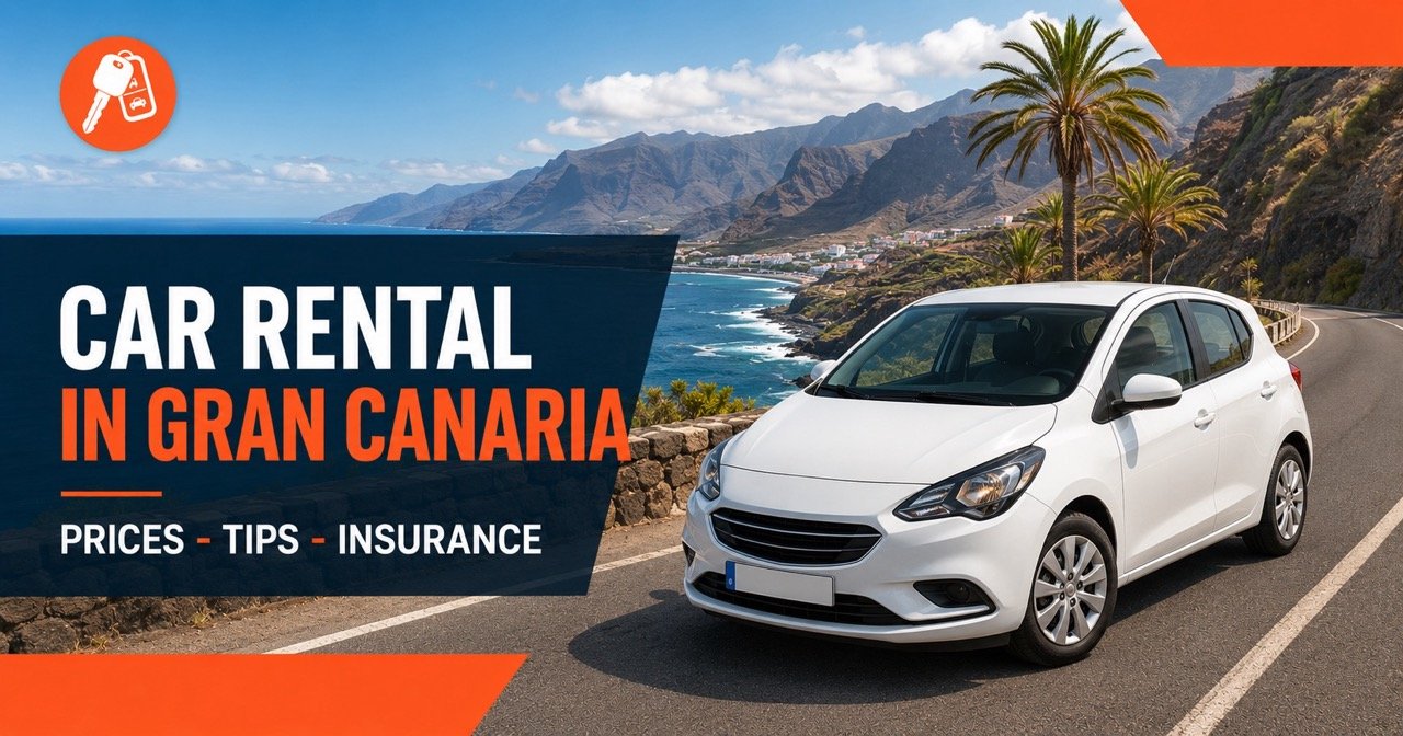 Car rental in Gran Canaria — volcanic Canary landscape with white compact car on coastal road