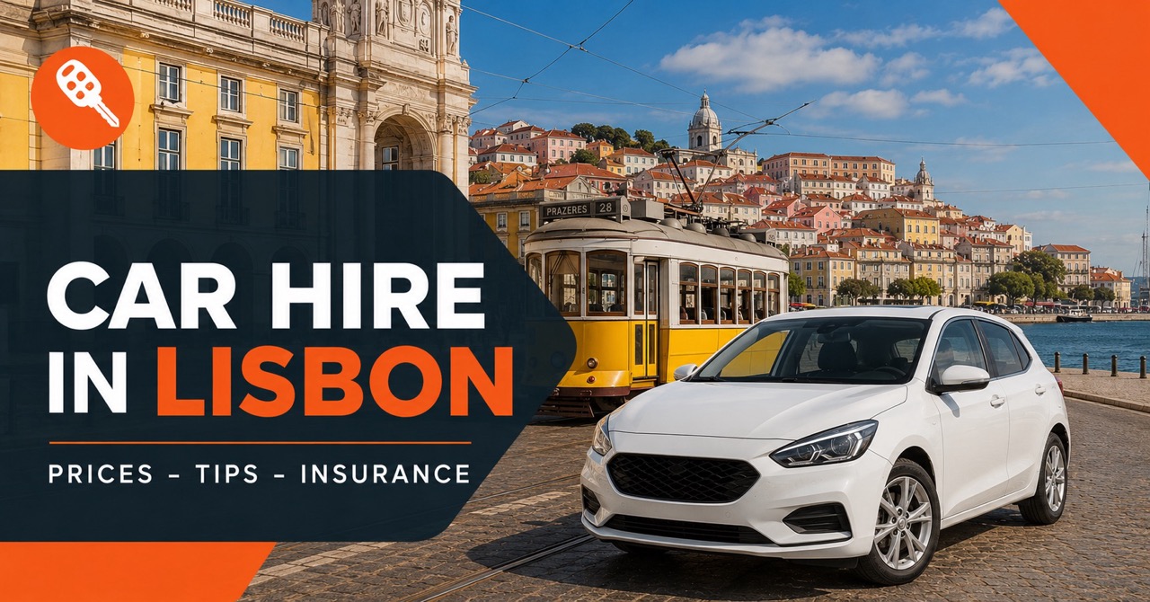 Centauro in Lisbon — yellow tram, Tagus river view and white rental car