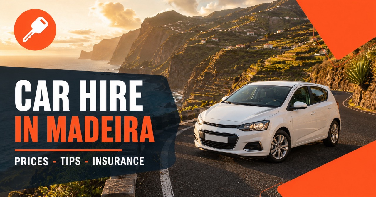 Centauro in Madeira — winding mountain road with white rental car and Atlantic coast