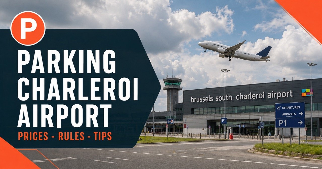 Parking at Brussels Charleroi airport — terminal building with airplane and blue P sign