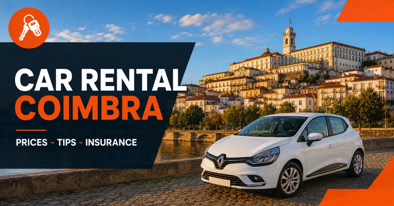 Car rental in Coimbra — University tower, Mondego river with white rental car