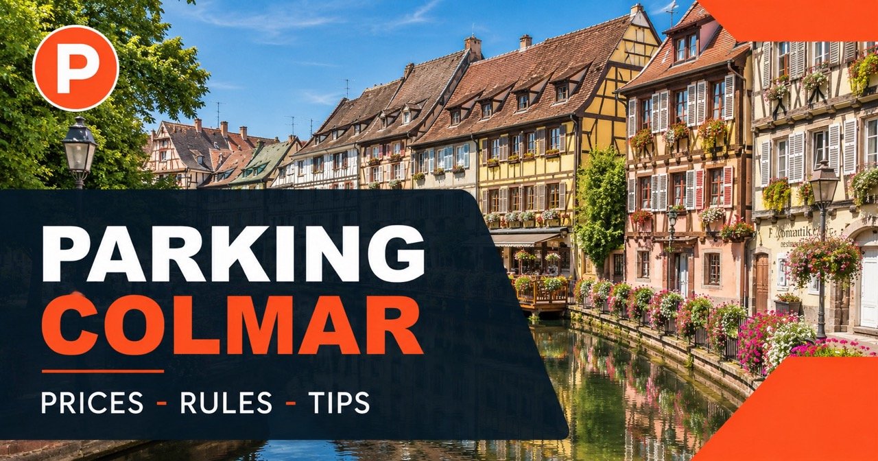 Parking in Colmar Alsace — half-timbered houses on Little Venice canal with blue P sign