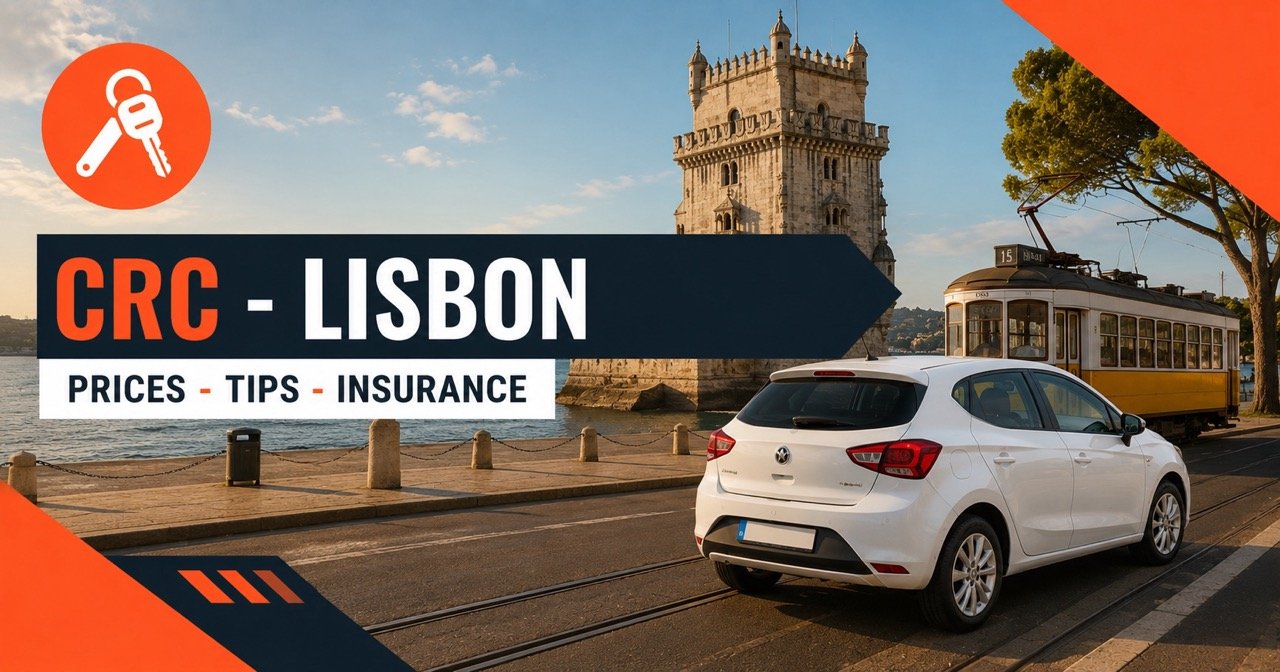 CRC car rental in Lisbon — Belem Tower and tram with a white rental car and orange car-key icon