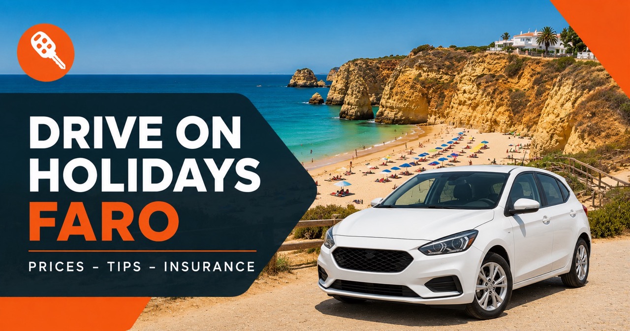 Drive on Holidays Faro — Algarve beach with ochre cliffs and white rental car