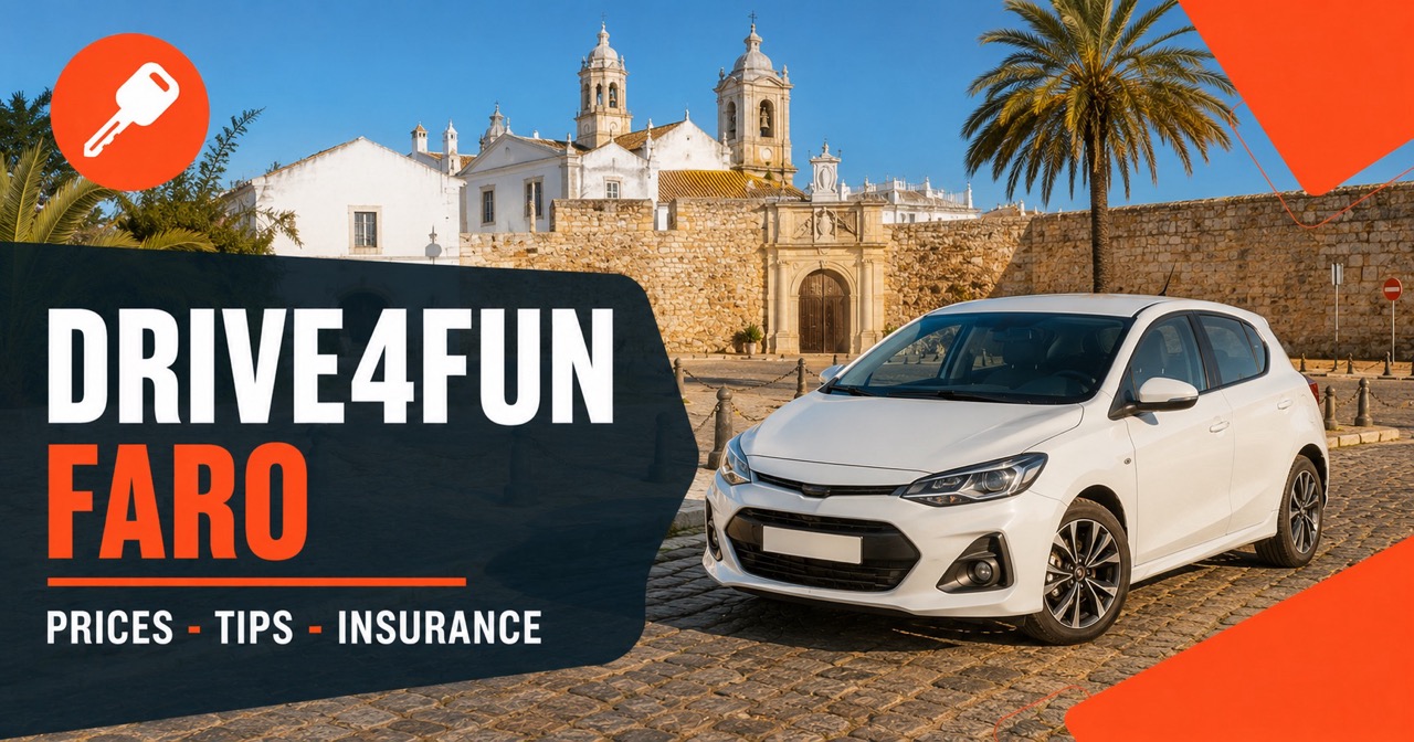 Drive4Fun in Faro — Algarve old town with palm tree and white rental car