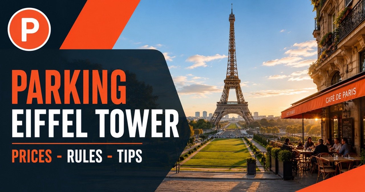 Parking near the Eiffel Tower — Paris view with blue P parking sign