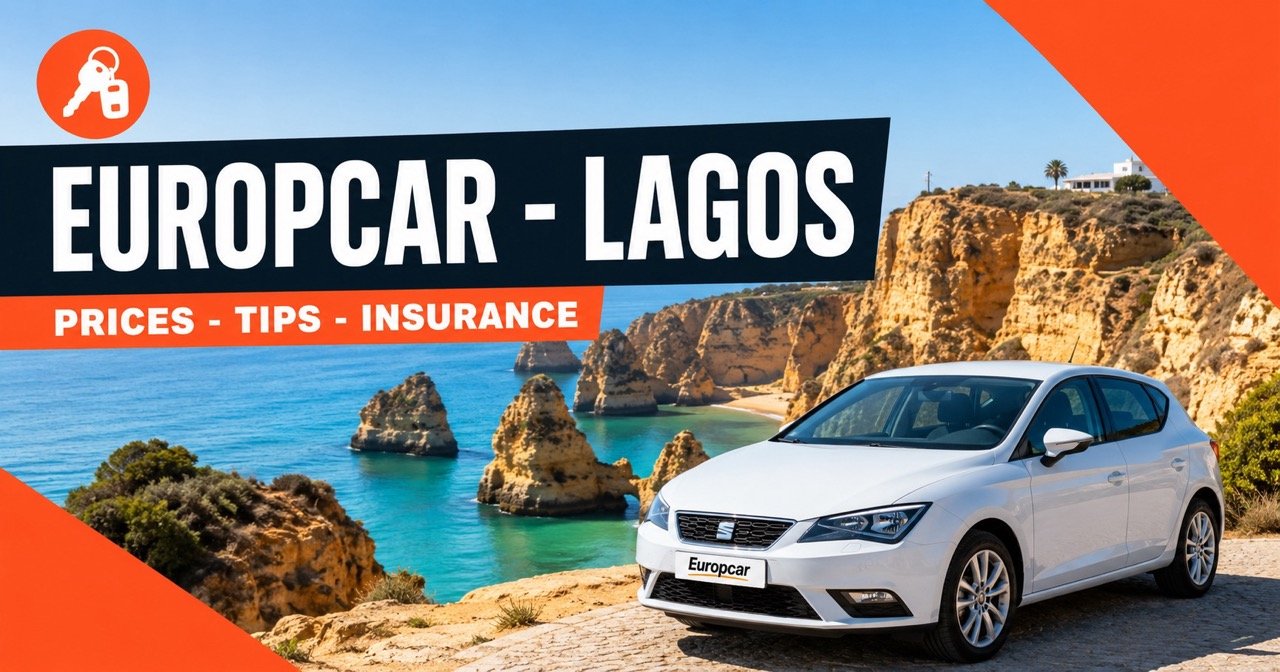Europcar car rental in Lagos — Ponta da Piedade cliffs with a white rental car and orange car-key icon
