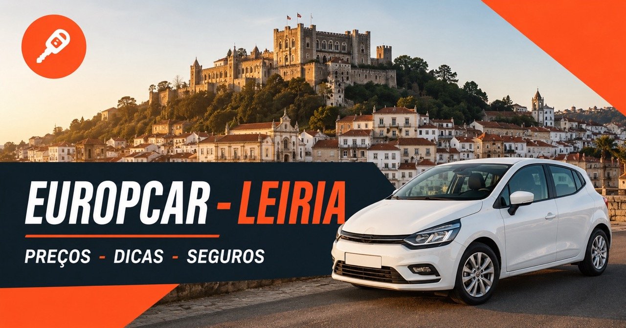 Europcar aluguer de carros em Leiria — castelo de Leiria com carro branco de aluguer e ícone laranja de chave