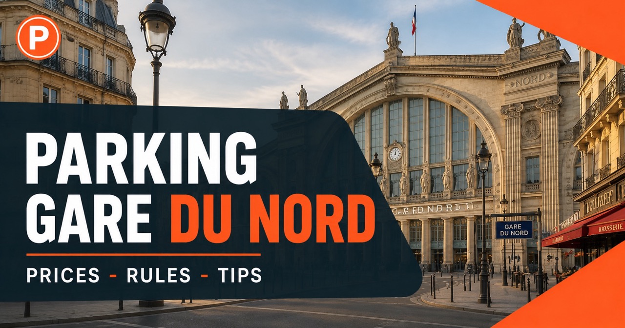 Parking at Gare du Nord Paris — historic station facade with blue P parking sign