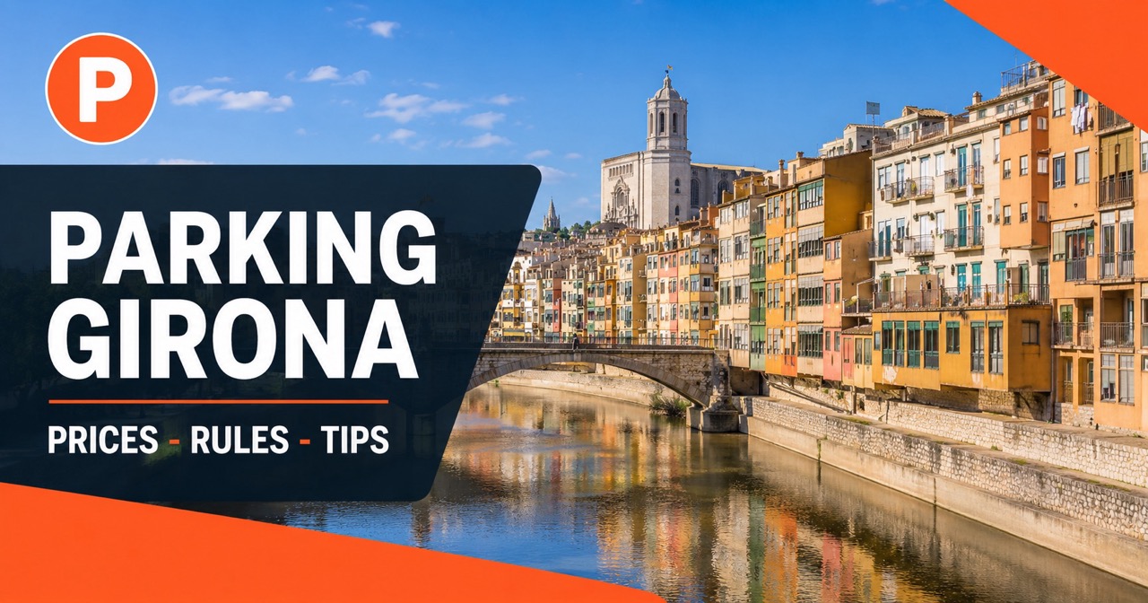 Parking in Girona — colourful houses reflected in Onyar river with blue P parking sign