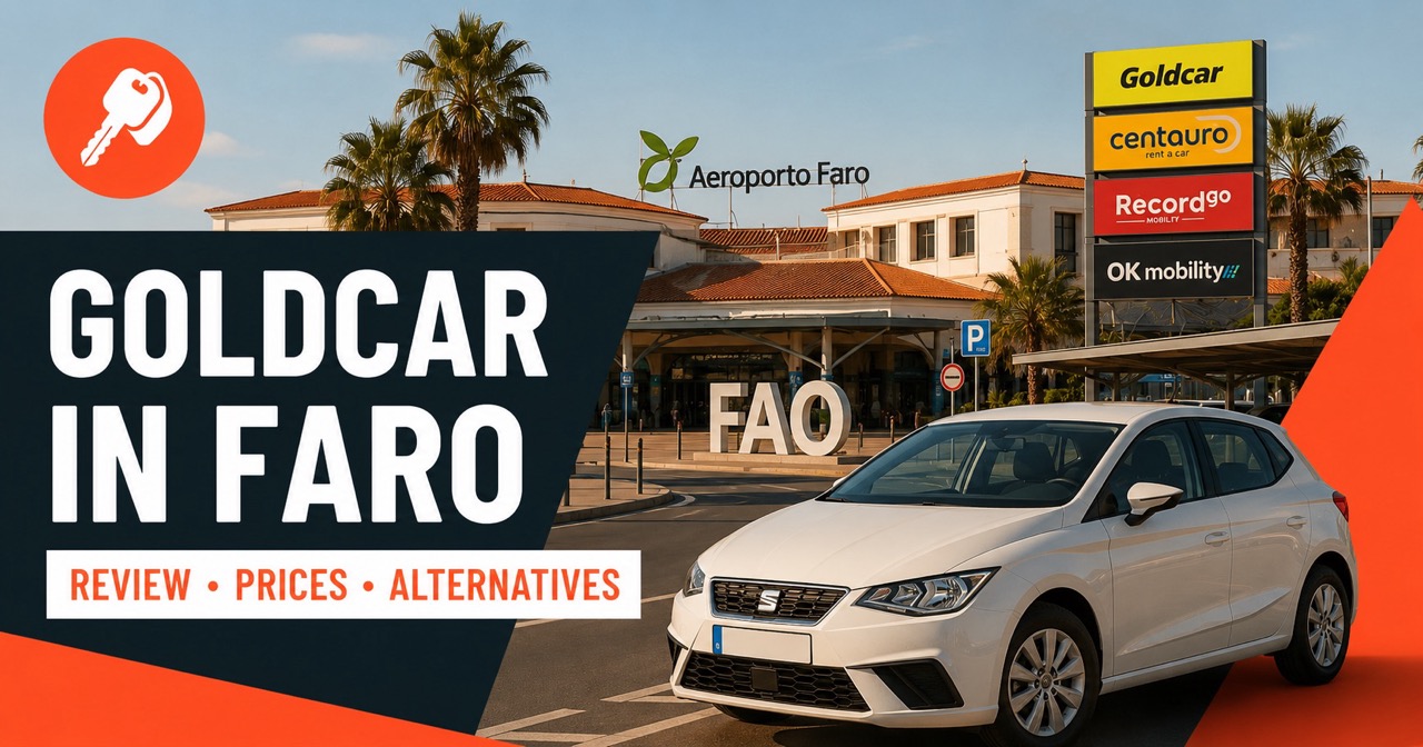 Goldcar at Faro Airport (FAO) Algarve review: budget car rental signage with palm trees and a white rental car