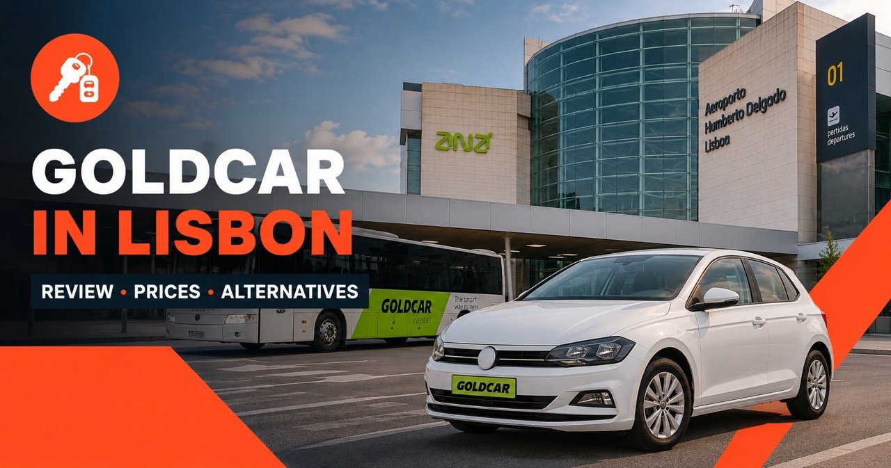 Goldcar at Lisbon Airport (LIS) review: budget car rental shuttle and signage at the terminal with a white rental car