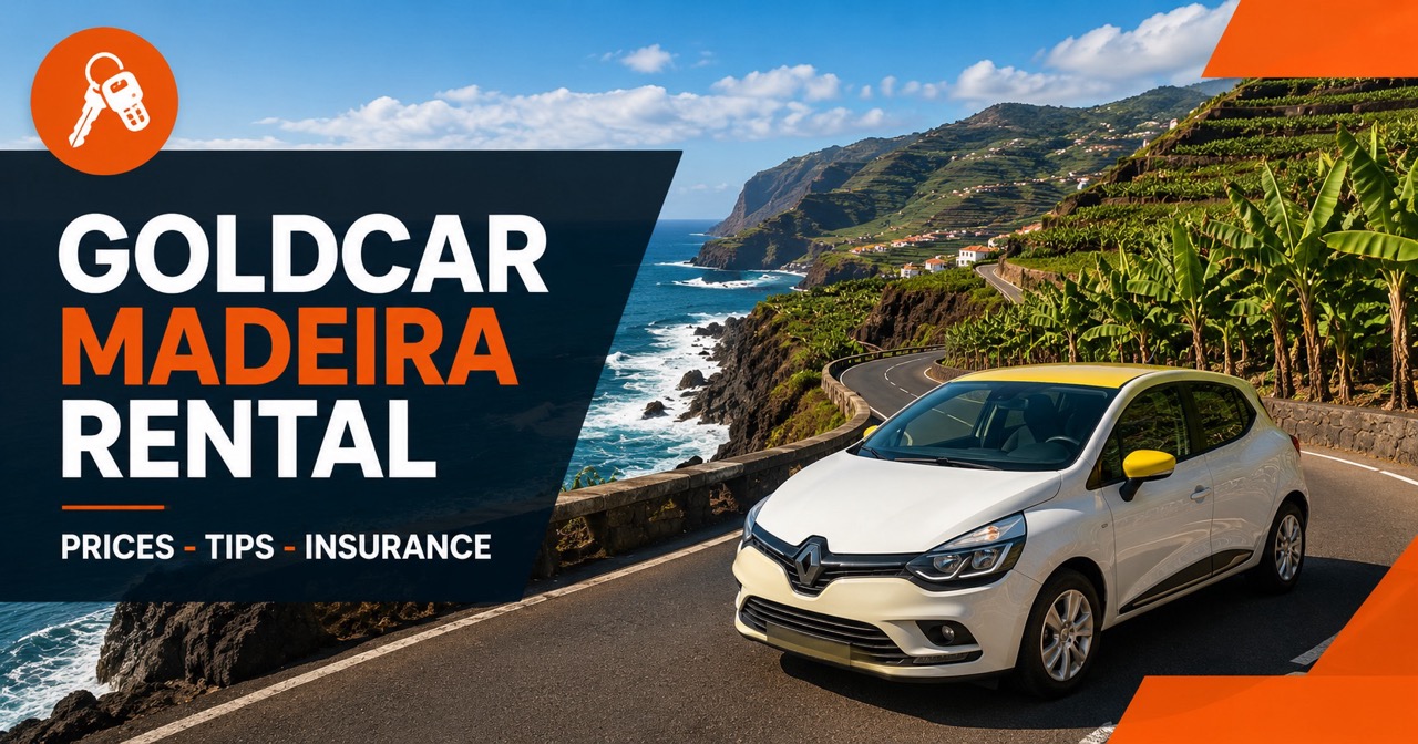 Goldcar in Madeira — coastal road, Atlantic cliffs and white rental car