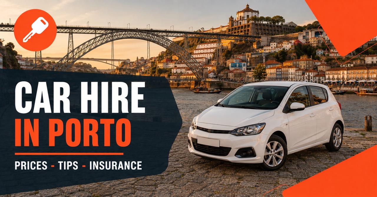 Goldcar in Porto — Dom Luis I bridge over Douro river with white rental car