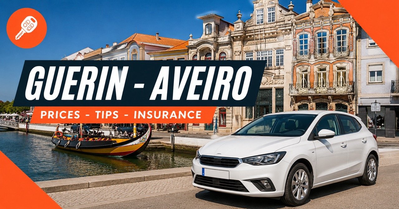 Guerin car rental in Aveiro — Aveiro Art Nouveau canal with a white rental car and orange car-key icon