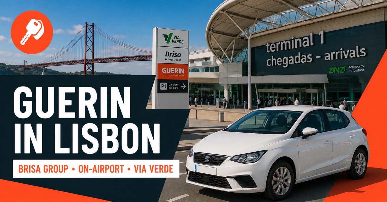 Guerin at Lisbon Airport (LIS) Terminal 1 arrivals with the 25 de Abril bridge in the distance and a white rental car