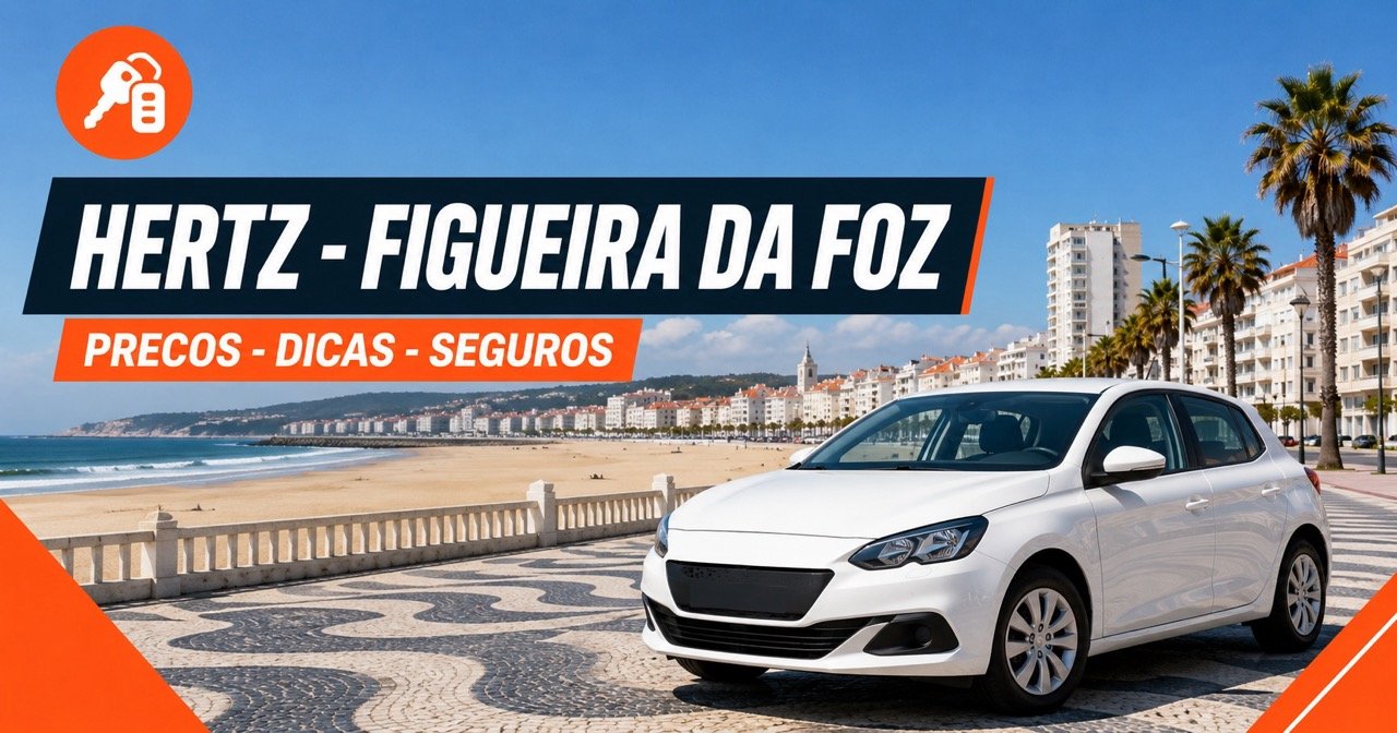 Hertz aluguer de carros na Figueira da Foz — praia da Figueira da Foz com carro branco de aluguer e ícone laranja de chave