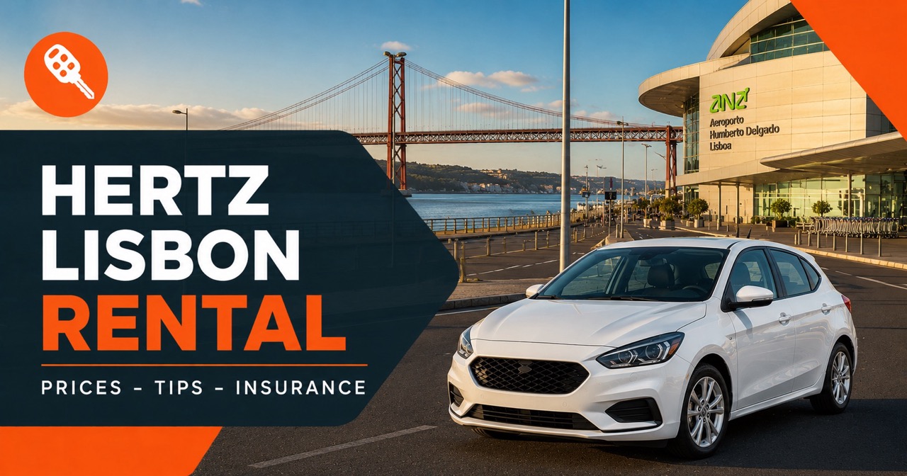Hertz in Lisbon — 25 de Abril bridge across the Tagus with rental car at airport area
