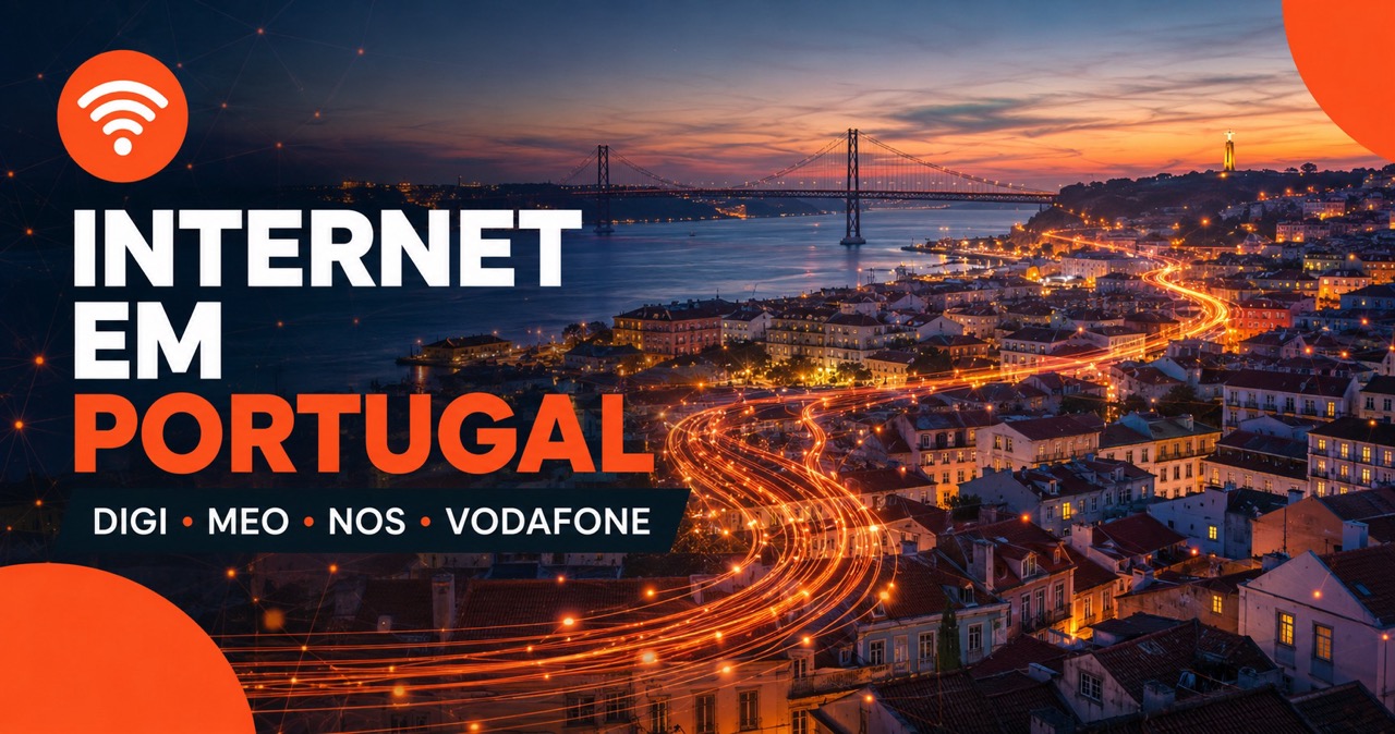 Internet em Portugal: ponte 25 de Abril ao crepúsculo com luzes de fibra ótica sobre Lisboa