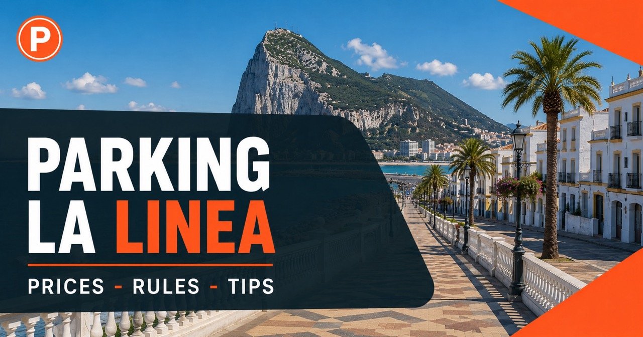 Parking in La Linea de la Concepcion — Rock of Gibraltar across the bay with blue P sign