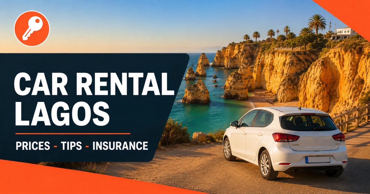 Car rental in Lagos — Ponta da Piedade ochre cliffs and Atlantic sea with white rental car