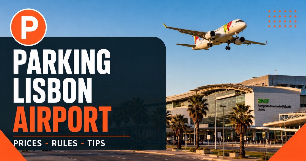 Parking at Lisbon airport — terminal building with airplane and blue P parking sign