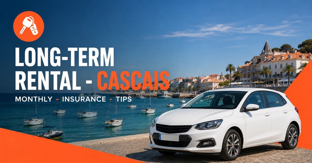Long-term car rental in Cascais — Cascais marina with a white rental car and orange car-key icon