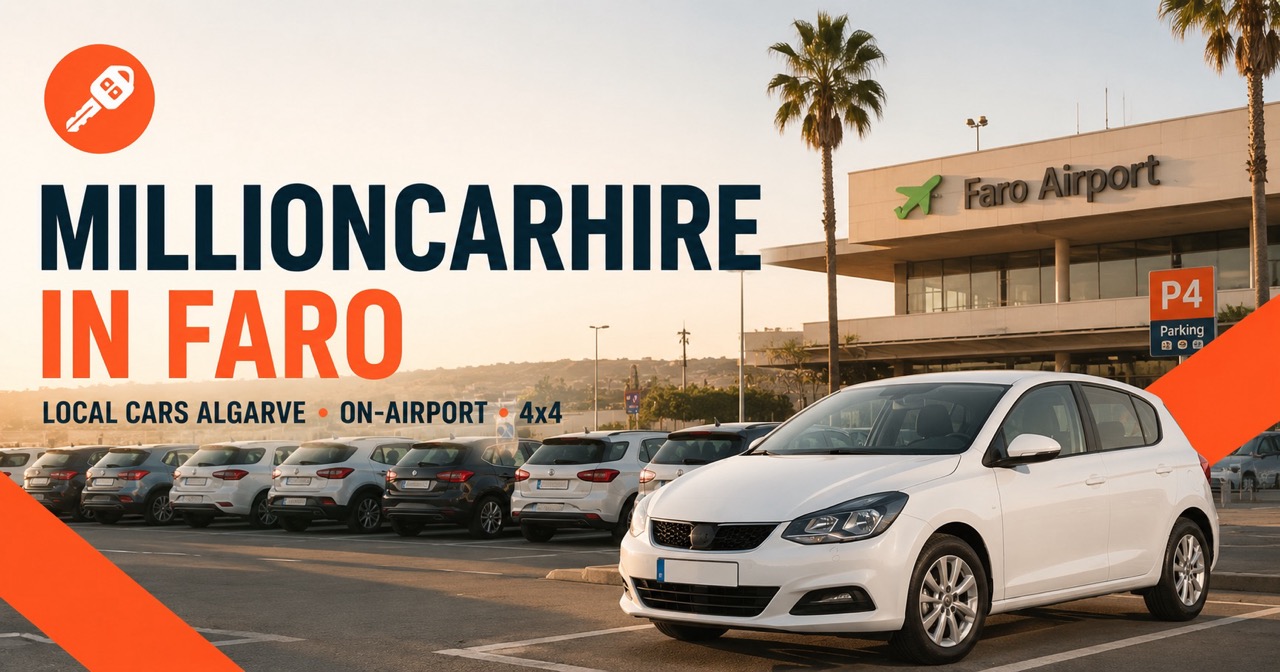 MillionCarHire at Faro Airport car park 4 (Local Cars Algarve) with sedans and SUVs, palm trees and a white rental car