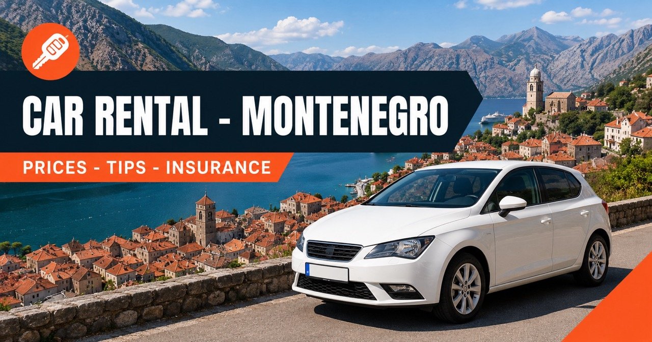 Car rental in Montenegro — Bay of Kotor with a white rental car and orange car-key icon