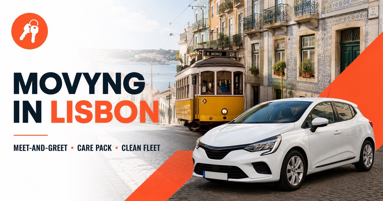 Movyng in Lisbon: iconic yellow Tram 28 with pastel azulejo buildings, Tagus river glimpse and a white rental car