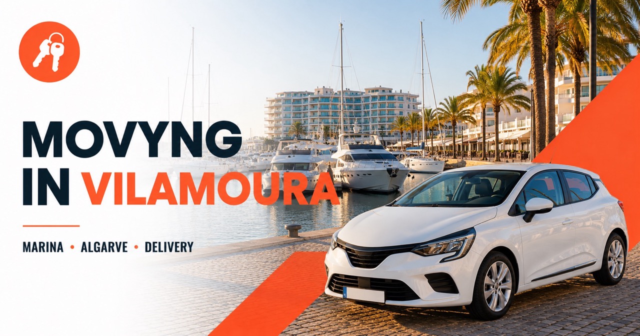 Movyng in Vilamoura Marina Algarve: sailboats and yachts moored in the marina, palm trees and a white rental car