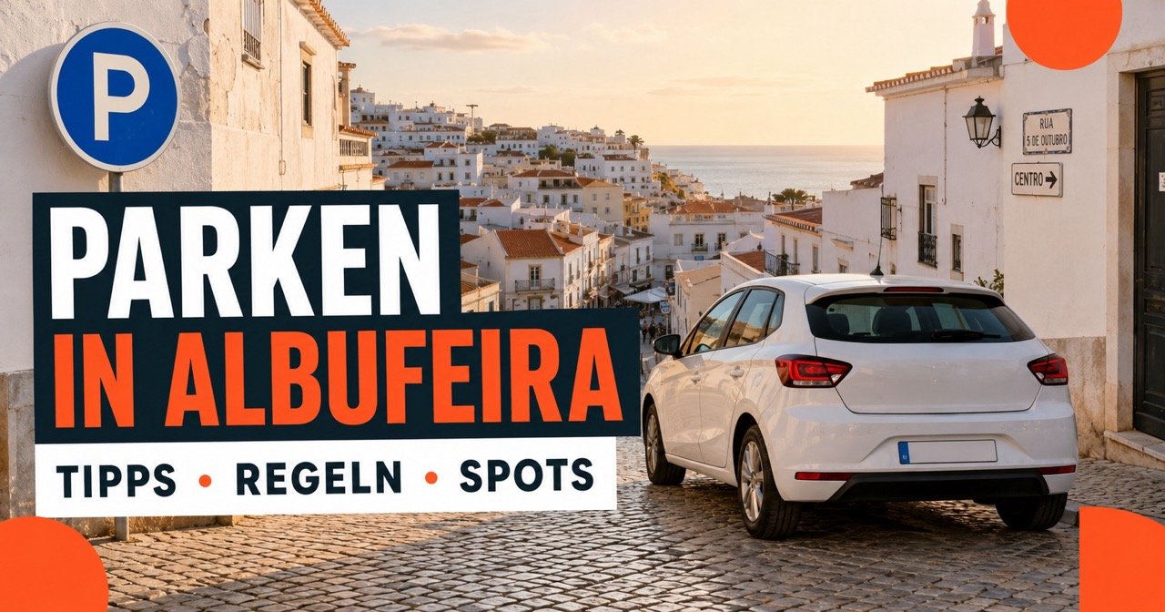 Parken in Albufeira: Altstadt mit Kopfsteinpflaster und weißem Mietwagen sowie blauem Parkschild