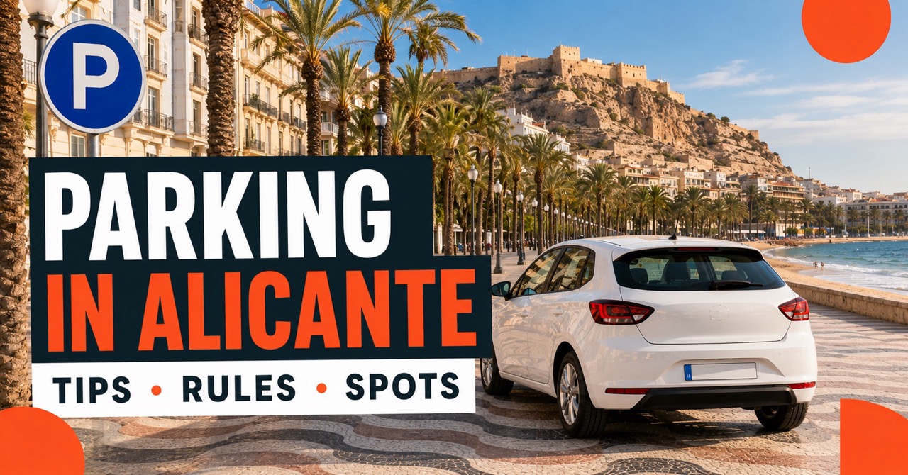 Parking in Alicante: Mediterranean Explanada with palm trees, Santa Barbara castle and white rental car
