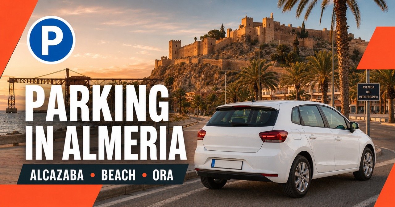 Parking in Almería: Alcazaba fortress on the hill with Cable Inglés pier and white rental car