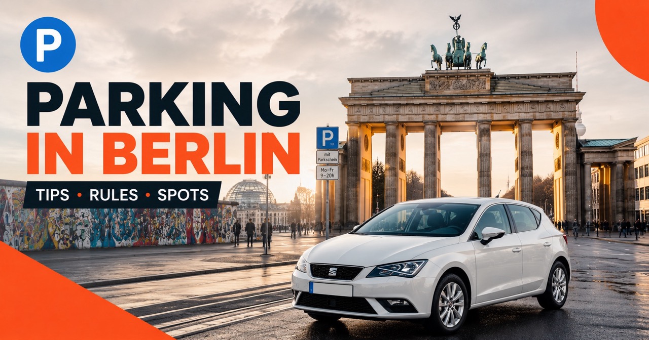 Parking in Berlin: Brandenburg Gate at sunset with white rental car and blue P parking sign