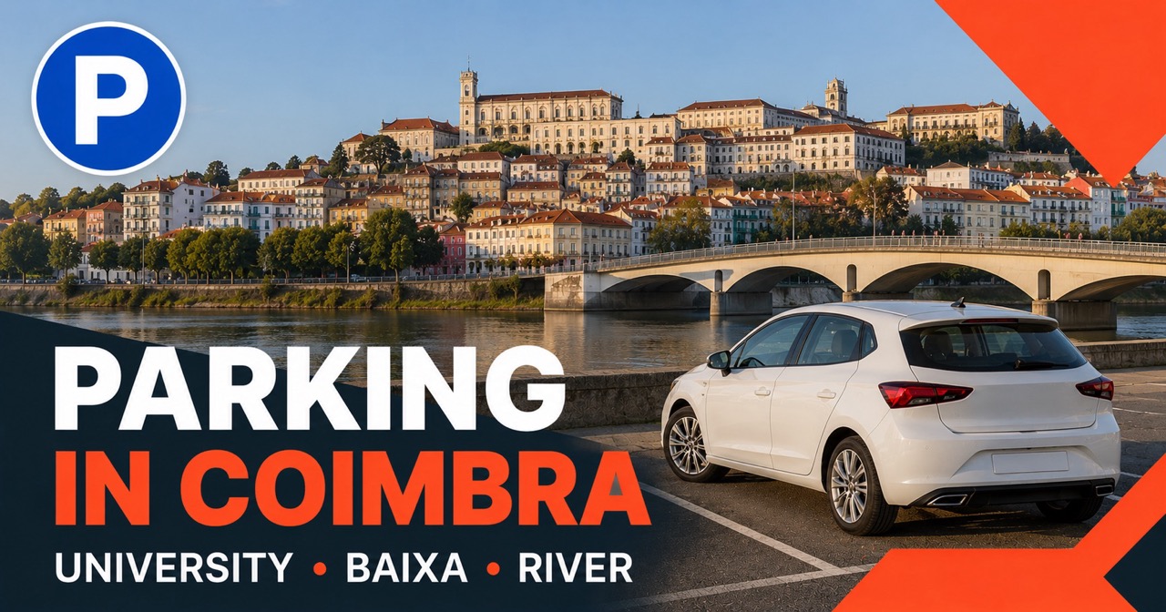 Parking in Coimbra: University clock tower on the hill with Mondego river bridge and white rental car