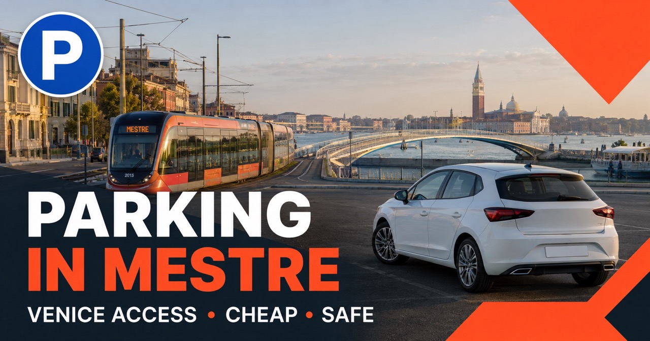 Parking in Mestre with Venice in the distance: tram, Liberty bridge and white rental car