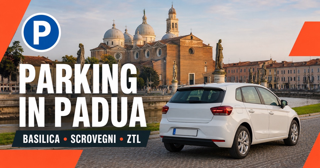 Parking in Padua: Basilica di Sant'Antonio domes and Prato della Valle with white rental car