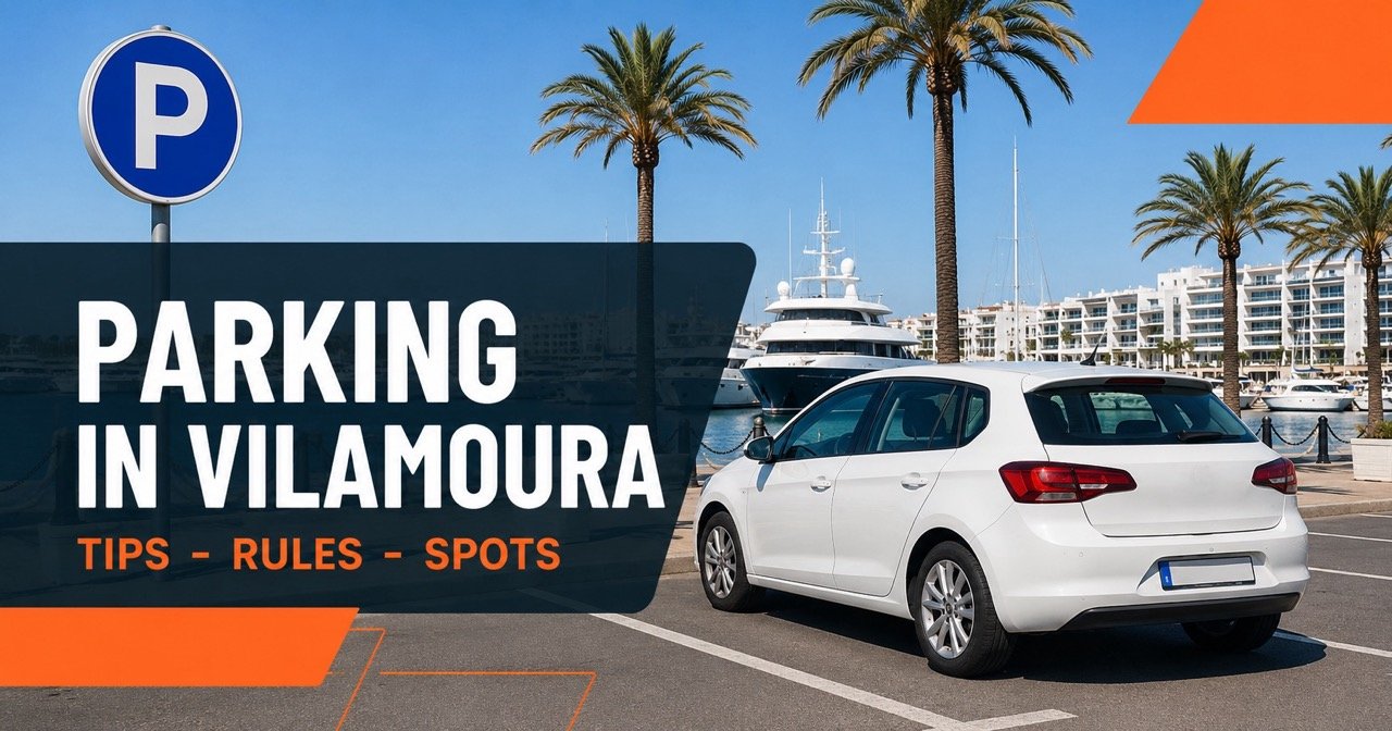 Parking in Vilamoura — marina area with parking signs and palm trees