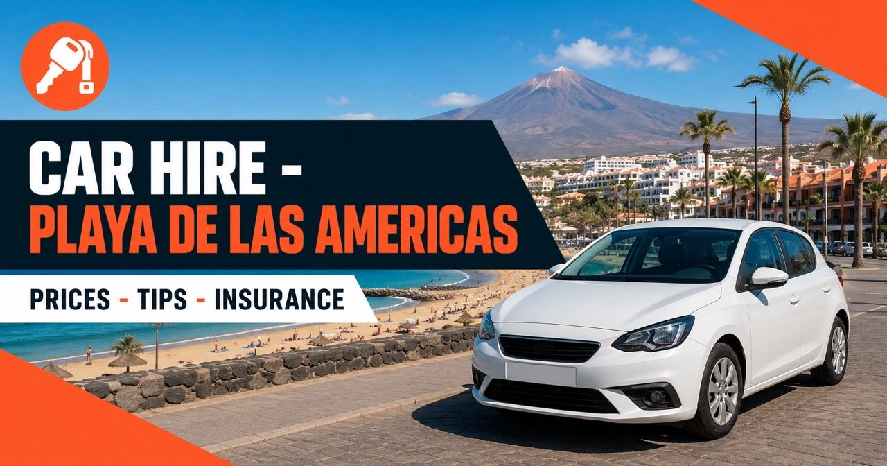 Cheap car hire in Playa de las Americas — Tenerife beach and Mount Teide with a white rental car and orange car-key icon