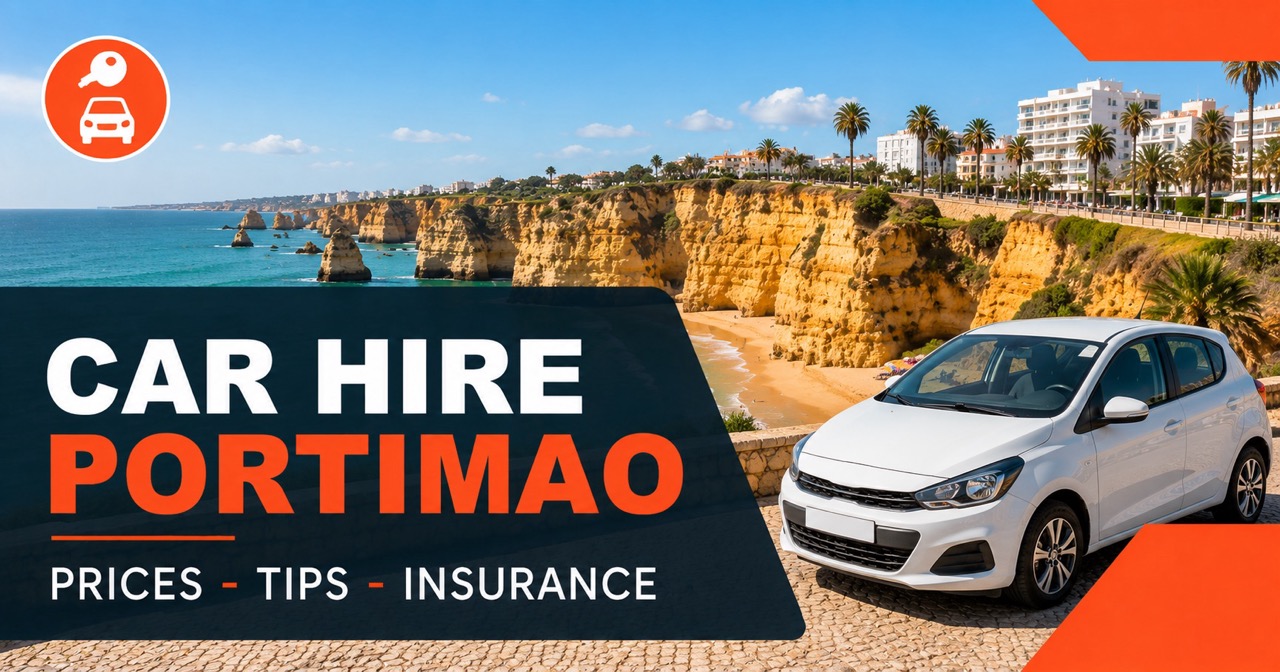 How to hire a car in Portimao — Praia da Rocha cliffs with white rental car