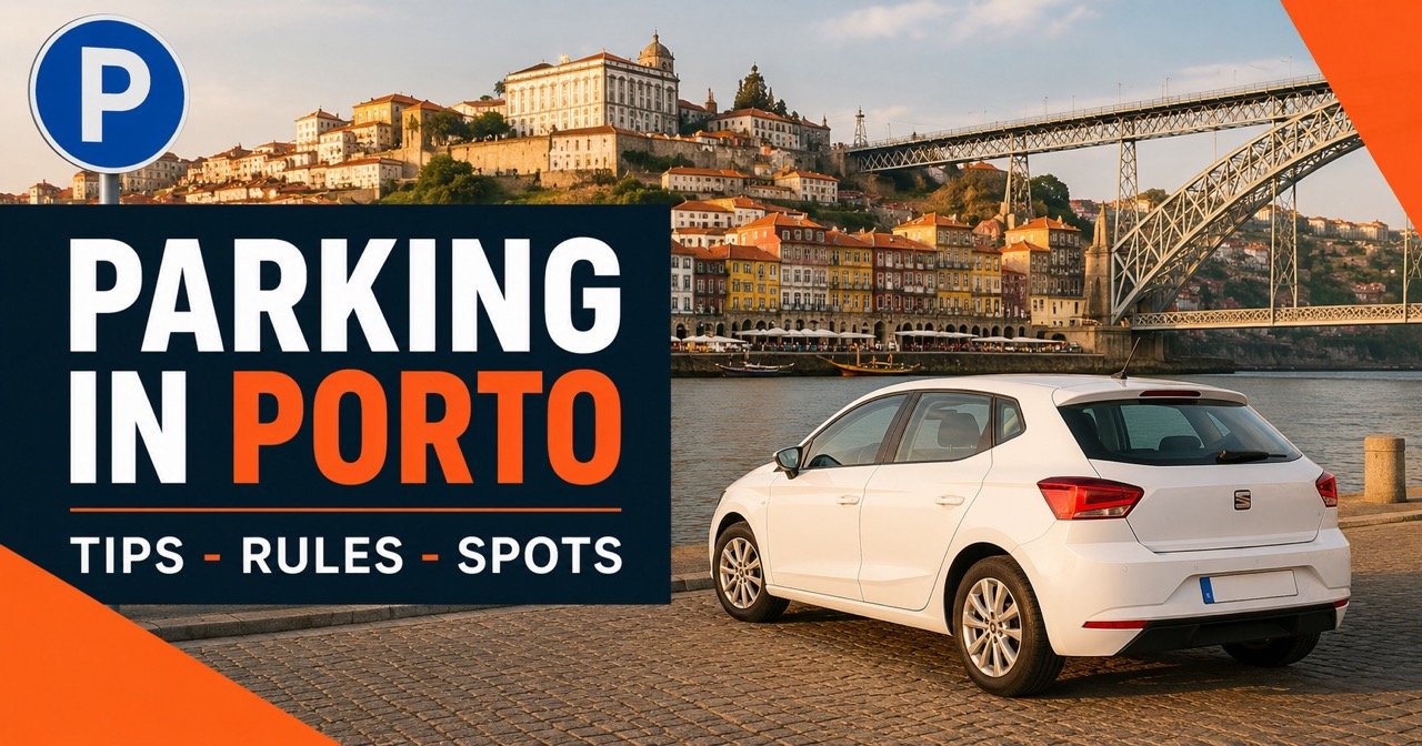Parking in Porto, Parque do Carregal — Ribeira riverfront and Dom Luis bridge with a blue P parking sign