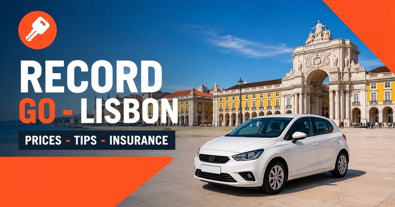 Record Go car rental in Lisbon — Praca do Comercio with a white rental car and orange car-key icon